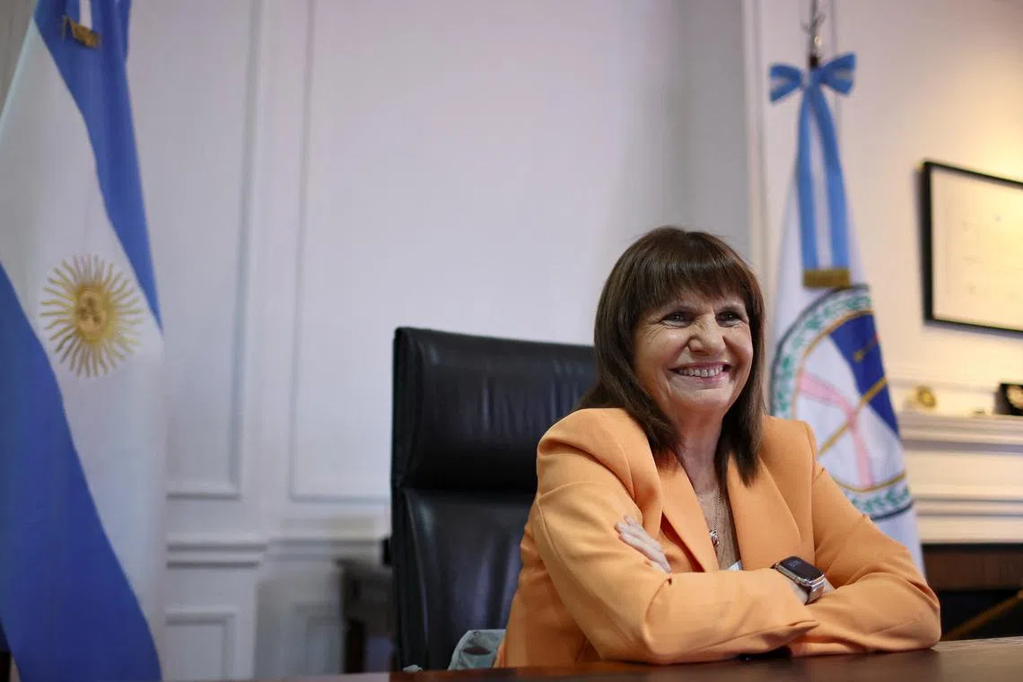 Argentina's Security Minister Patricia Bullrich smiles prior to an interview with Reuters at her office, in Buenos Aires, Argentina January 30, 2025. REUTERS/Agustin Marcarian