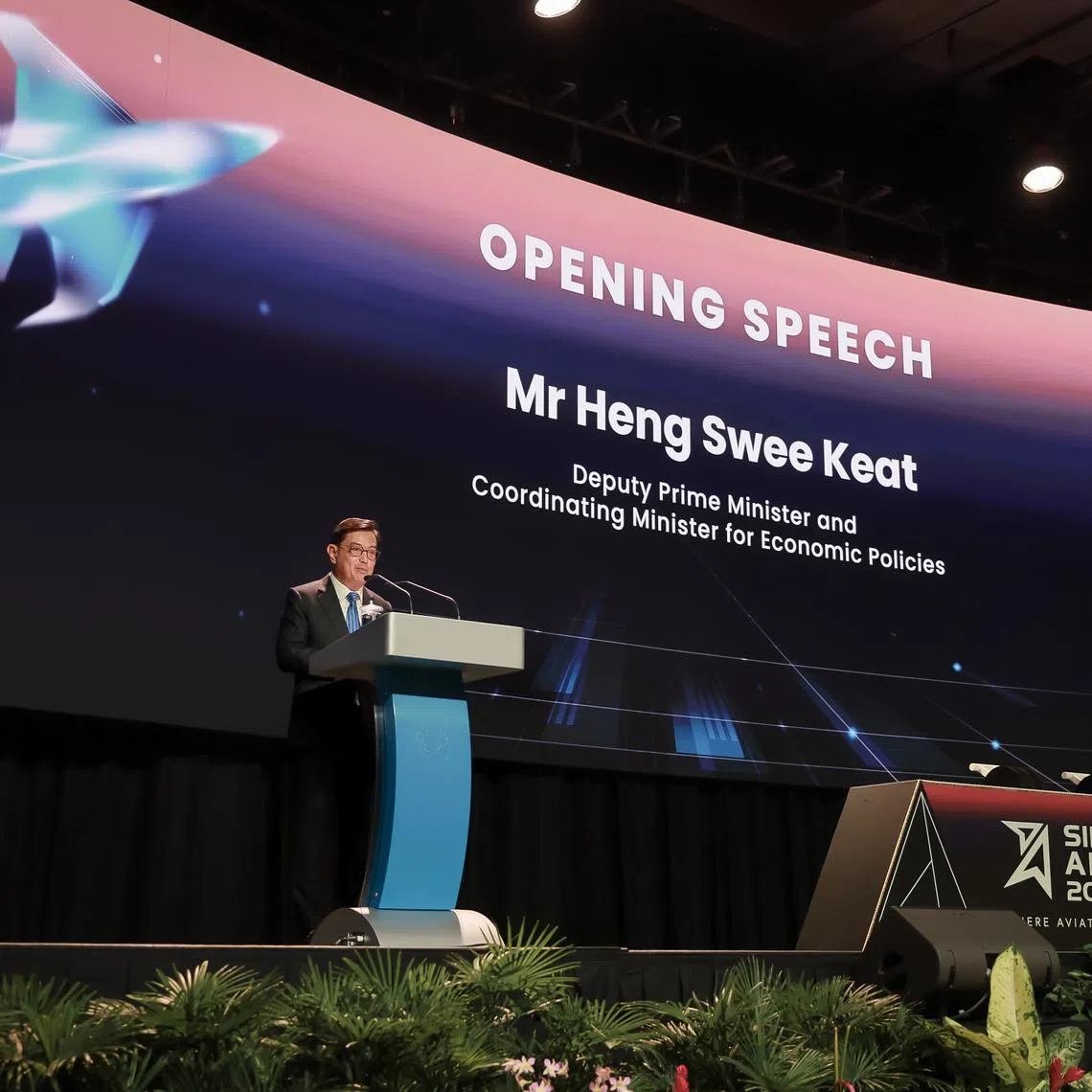 Deputy Prime Minister Heng Swee Keat speaking at the Singapore Airshow opening ceremony on Feb 19.