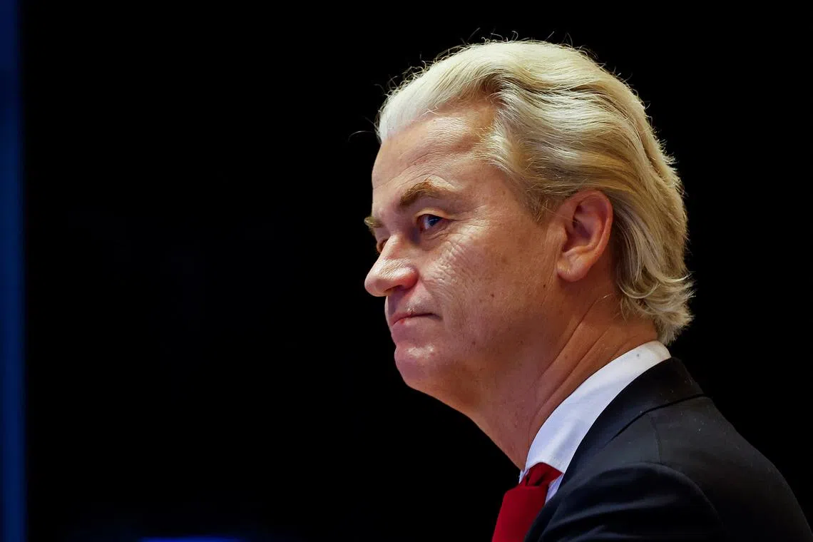 FILE PHOTO: Dutch far-right politician and leader of the PVV party Geert Wilders attends a meeting of Dutch parties' lead candidates, for the first time after elections, in which far-right politician Geert Wilders booked major gains, to begin coalition talks in The Hague, Netherlands, November 24, 2023. REUTERS/Piroschka van de Wouw/File Photo