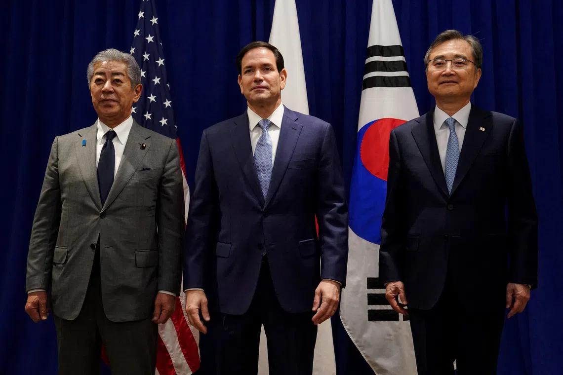 U.S. Secretary of State Marco Rubio meets Japanese Foreign Minister Iwaya Takeshi and South Korean Foreign Minister Cho Hyun at the Lotte New York Palace Hotel, on the sidelines of the 80th United Nations General Assembly in New York City, U.S., September 22, 2025. REUTERS/Bing Guan/Pool