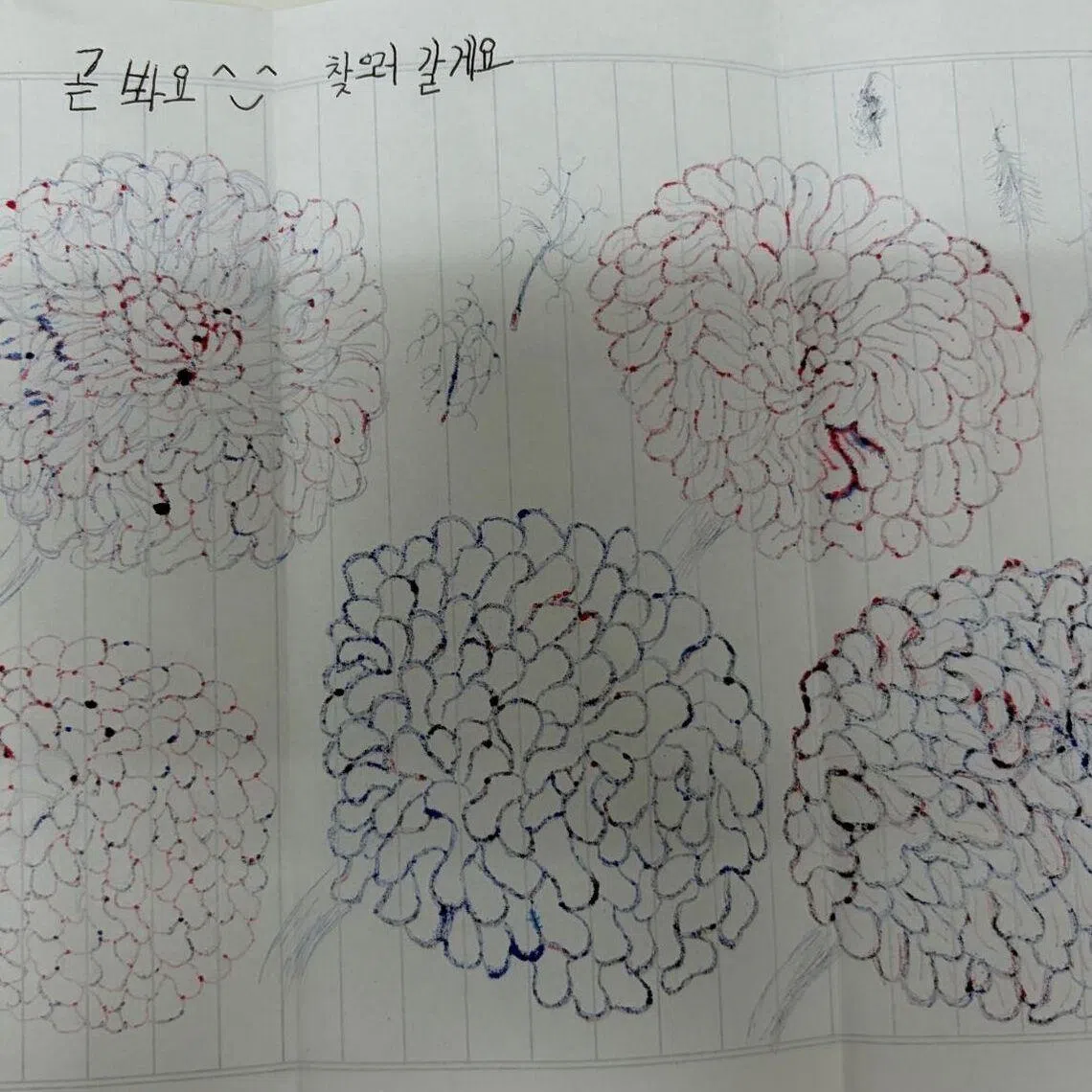 At the top of one drawing, the man wrote, “See you soon, I’ll find you”, followed by a smiley face.