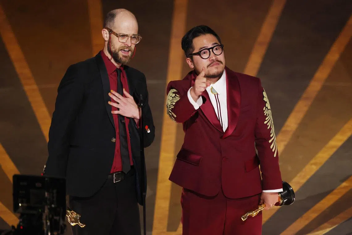 Daniel Kwan and Daniel Scheinert win the Oscar for Best Director for Everything Everywhere All At Once during the Oscars show at the 95th Academy Awards in Hollywood, Los Angeles on March 12, 2023. 
