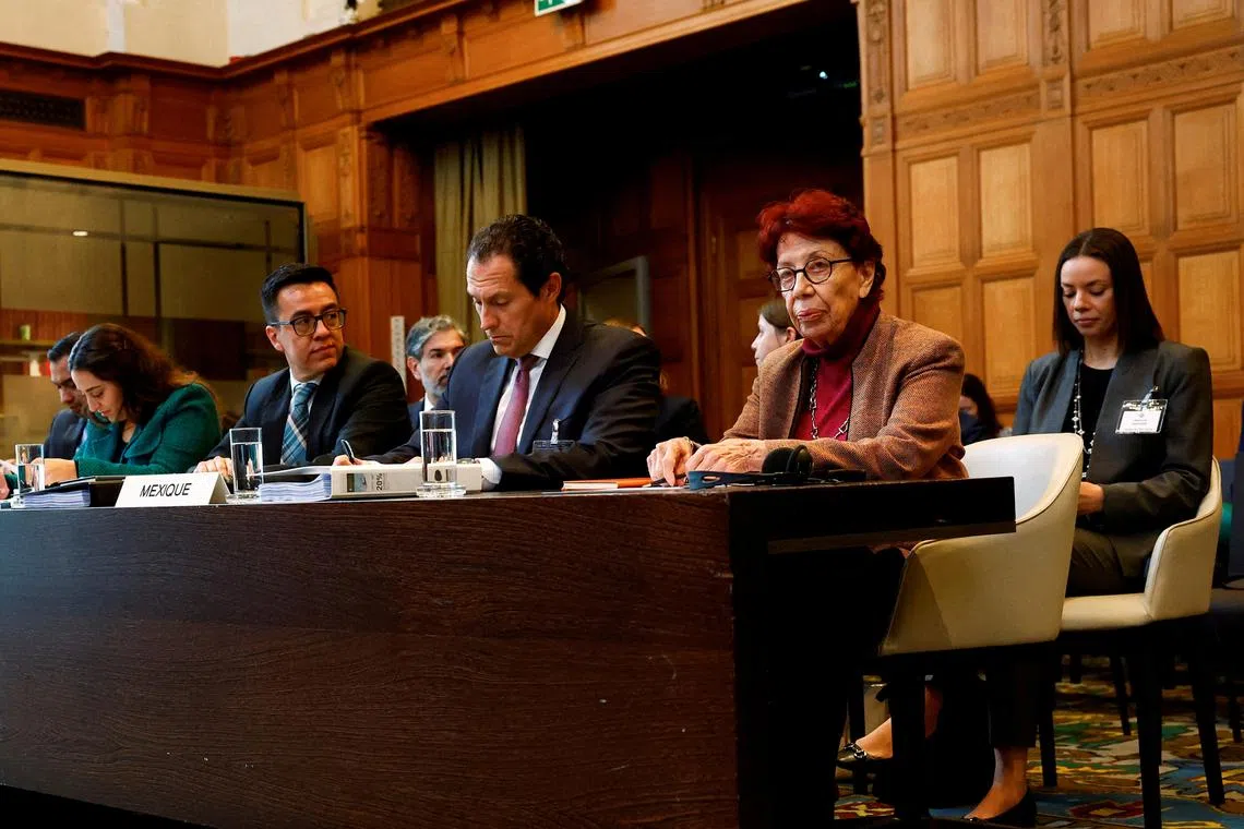 FILE PHOTO: Lawyer Alejandro Celorio Alcantara and Ambassador of Mexico to the Netherlands Carmen Moreno Toscano attend a public hearing where Ecuador asks the International Court of Justice (ICJ) to reject Mexico's request to issue emergency measures against Quito over their armed raid on the Mexican embassy, in The Hague, Netherlands, May 1 2024. REUTERS/Piroschka van de Wouw/File Photo
