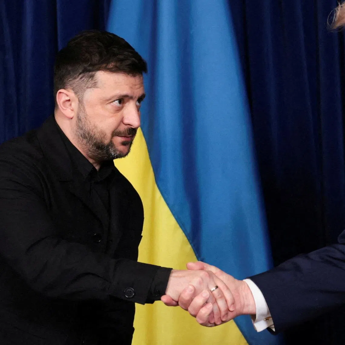 US President Donald Trump (right) and Ukrainian President Volodymyr Zelensky during a press conference at Trump’s Mar-a-Lago club, in Palm Beach, Florida on Dec 28, 2025.