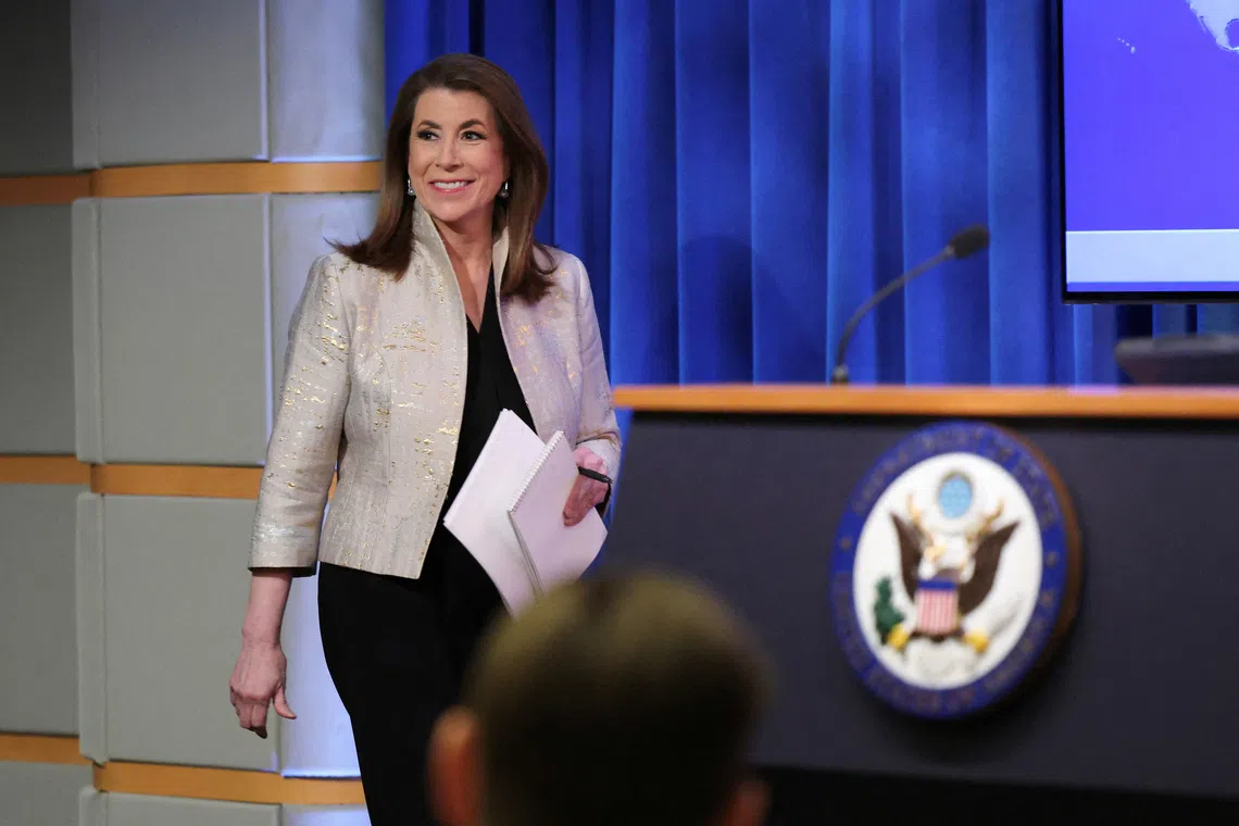 FILE PHOTO: U.S. State Department spokesperson Tammy Bruce arrives for her first press briefing at the State Department in Washington, D.C., U.S., March 6, 2025. REUTERS/Kevin Lamarque/File Photo