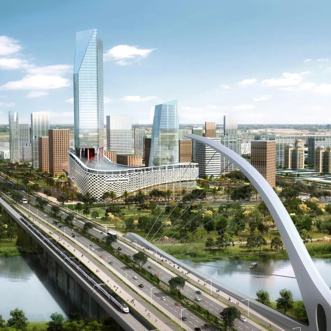 Artist's impression of the new capital city for the southern Indian state of Andhra Pradesh, Amaravati. It is being built on the banks of the Krishna River.