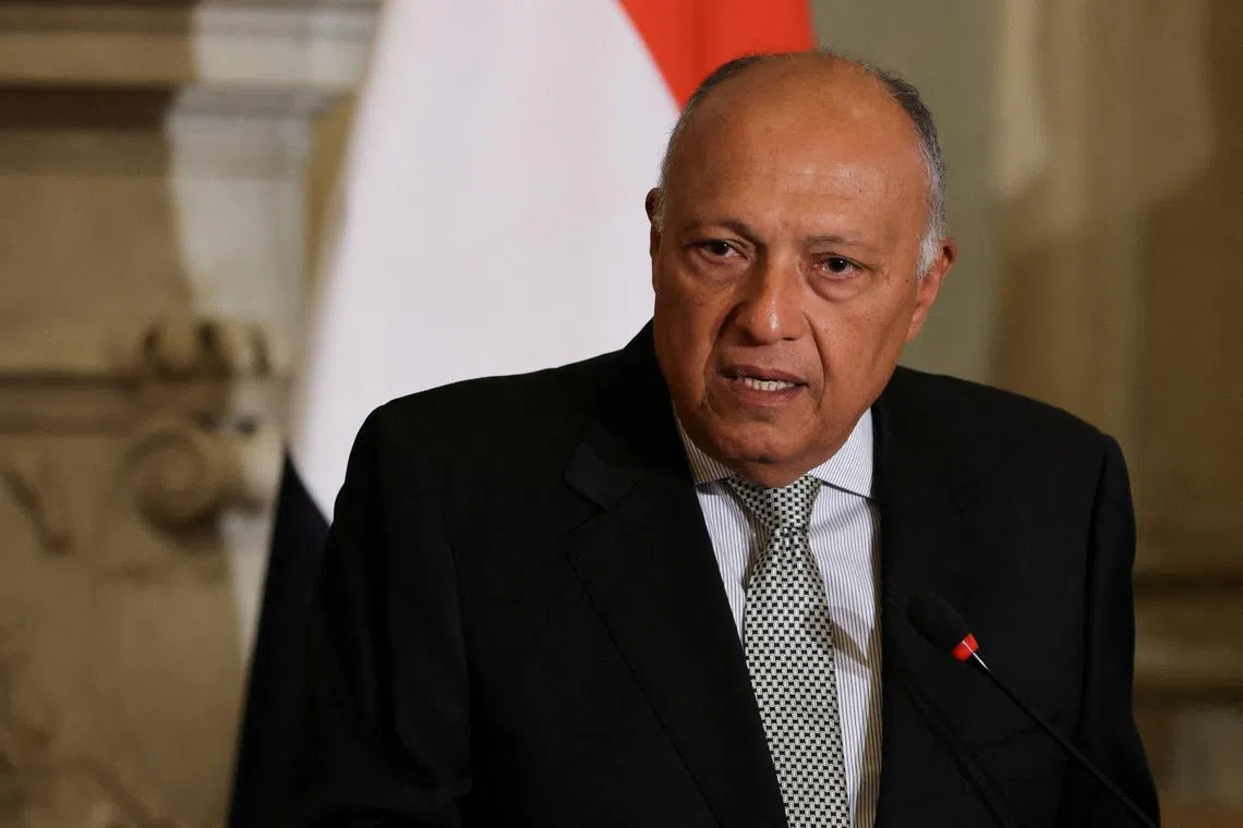 FILE PHOTO: Egyptian Foreign Minister Sameh Shoukry holds a press conference, in Cairo, Egypt January 14, 2024. REUTERS/Mohamed Abd El Ghany/File Photo