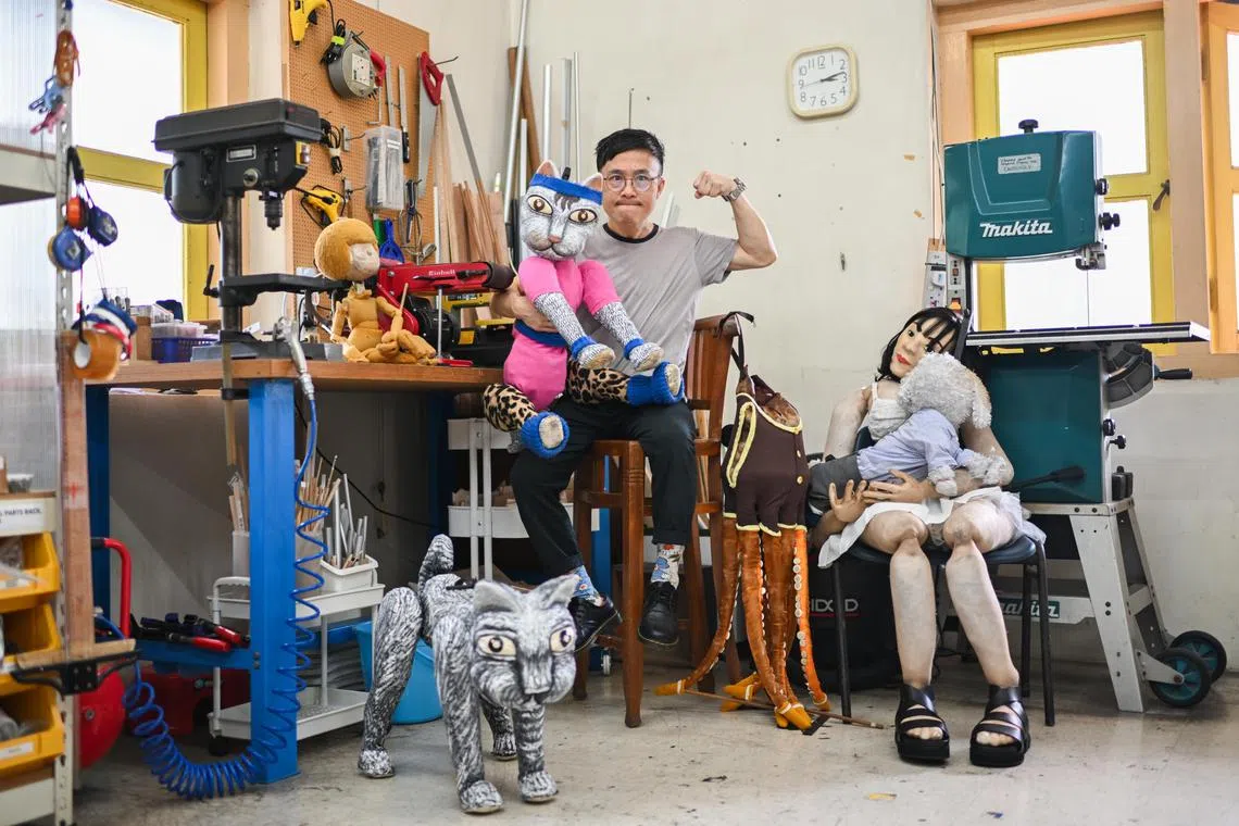 The Finger Players artistic director Oliver Chong at Cairnhill Arts Centre with some of the puppets that will appear in Puppet Origin Stories: Persona Paradox. 