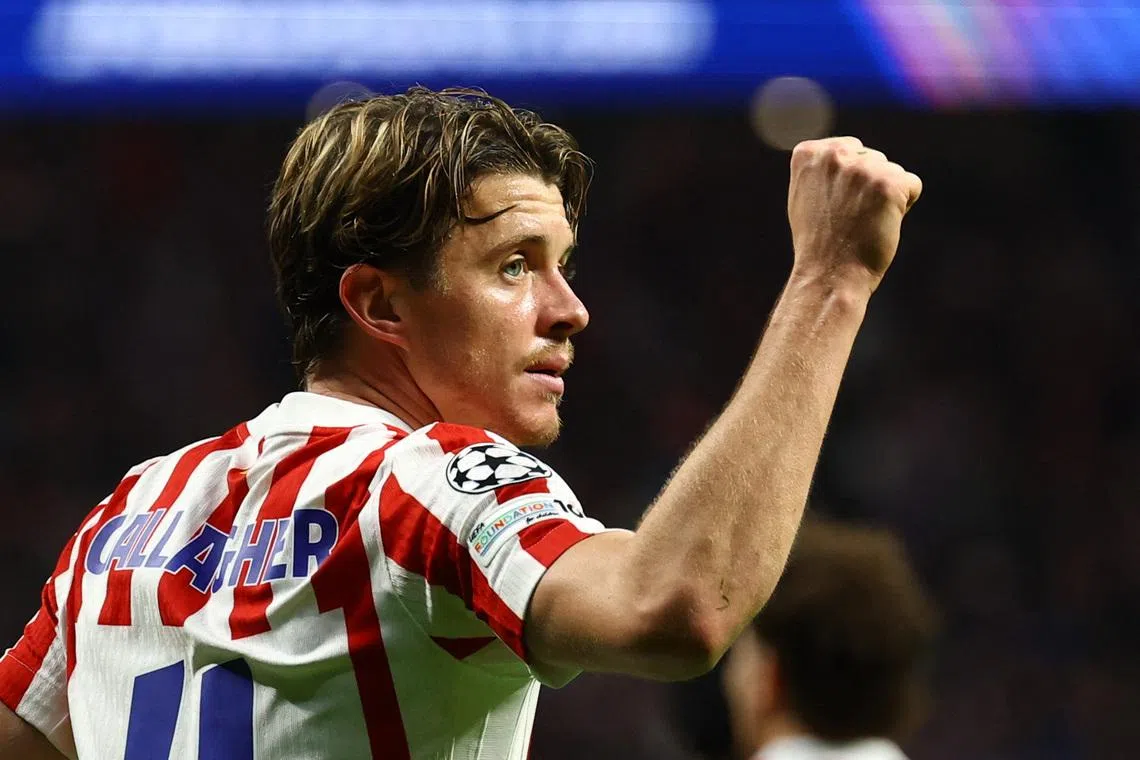Soccer Football - UEFA Champions League - Atletico Madrid v Union Saint-Gilloise - Riyadh Air Metropolitano, Madrid, Spain - November 4, 2025 Atletico Madrid's Conor Gallagher celebrates scoring their second goal. REUTERS/Susana Vera
