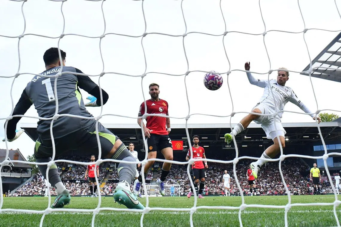 Fulham's Emile Smith Rowe scoring their equaliser during their 1-1 English Premier League draw with Manchester United at Craven Cottage on Aug 24.