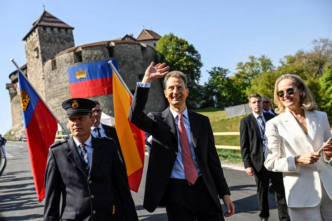 Liechtenstein’s Hereditary Prince Alois and Hereditary Princess Sophie arrive at Liechtenstein’s National Day celebrations in Vaduz, Liechtenstein, on Aug 15.