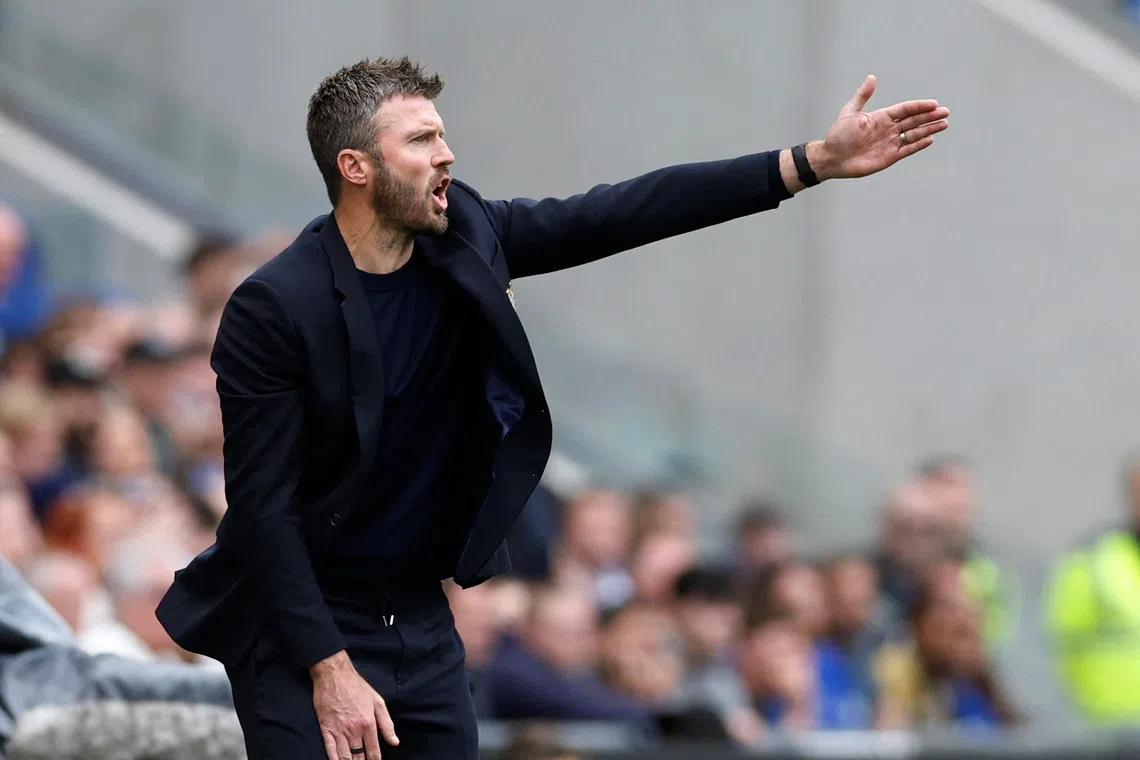 Manchester United manager Michael Carrick instructing his players during the 2-2 Premier League draw with Everton.