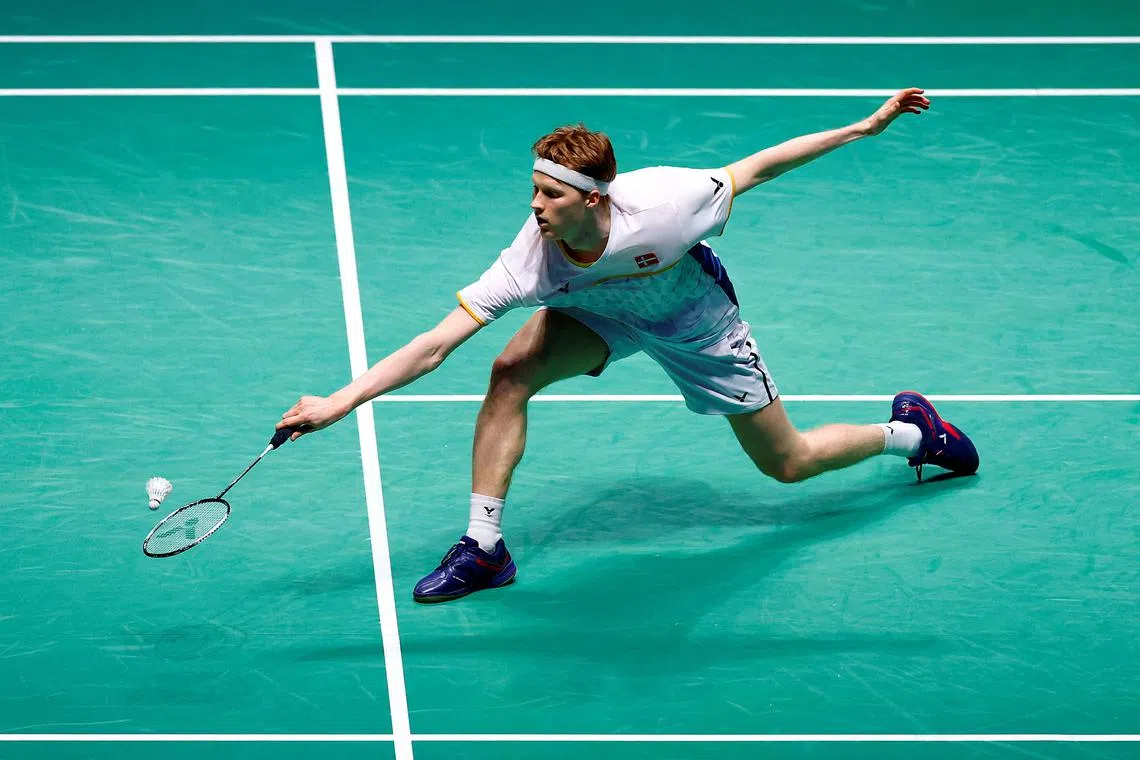 FILE PHOTO: Badminton - All England Open Badminton Championships - Utilita Arena, Birmingham, Britain - March 17, 2023 Denmark's Anders Antonsen in action during his quarter final match against Indonesia's Anthony Sinisuka Ginting Action Images via Reuters/Andrew Boyers/File Photo