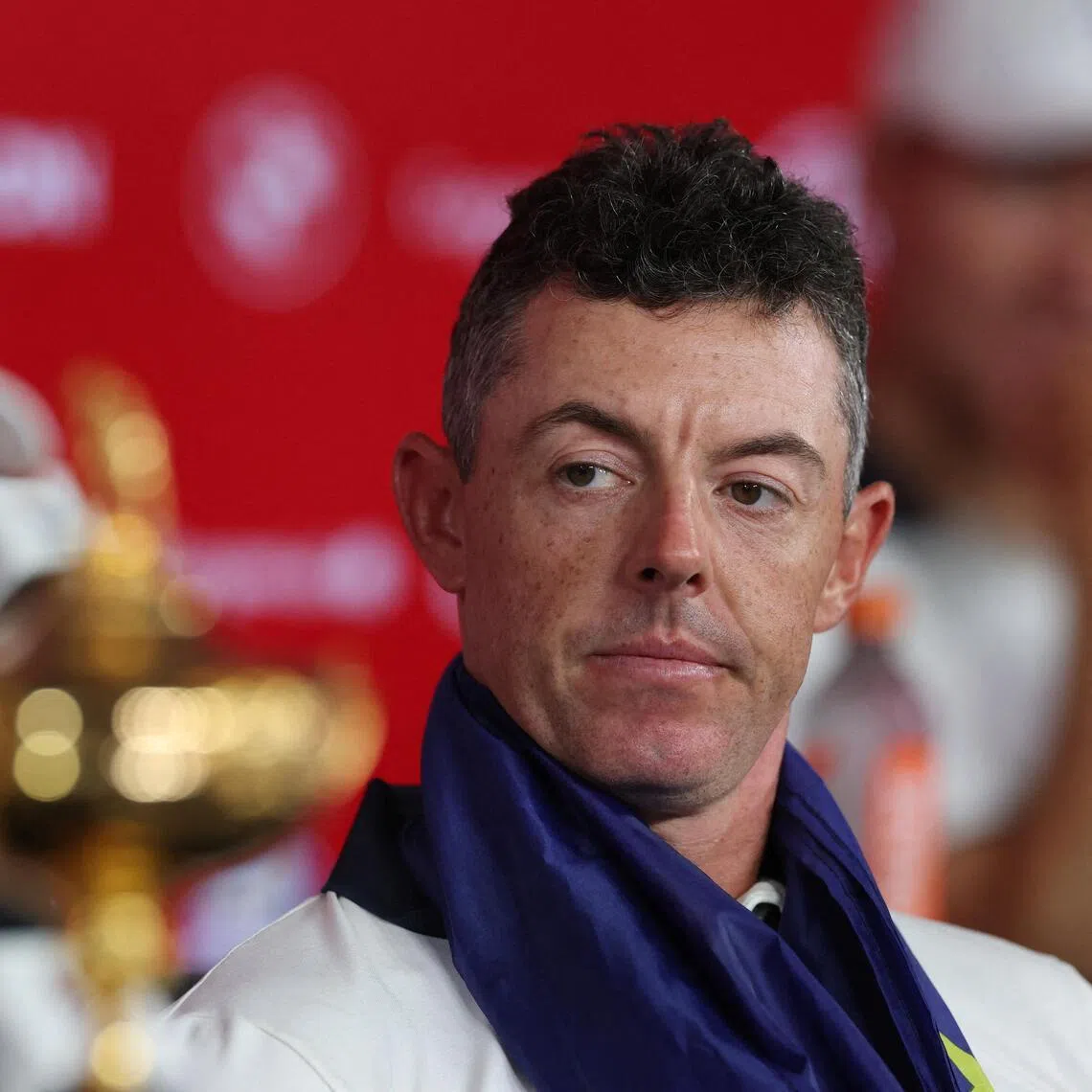 Team Europe captain Luke Donald and Rory McIlroy (right) with the trophy, during a press conference after winning the Ryder Cup.
