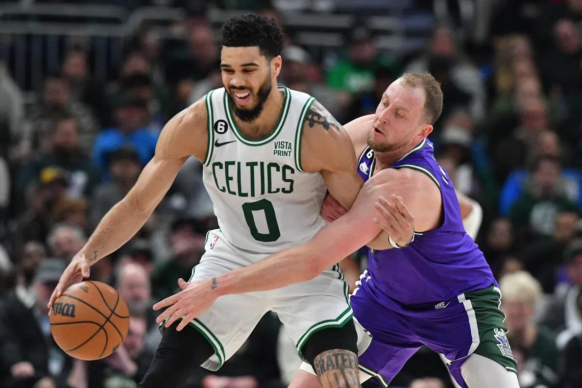 Boston Celtics forward Jayson Tatum sank eight three-points in a 40-point haul as the Boston Celtics crushed the Milwaukee Bucks 140-99.