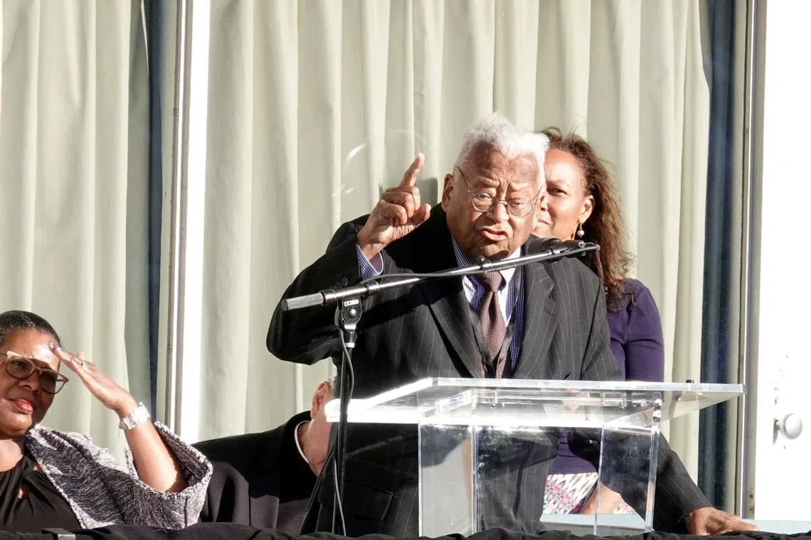 FILE PHOTO: Rev. James Lawson speaks at Lorraine Motel, now the National Civil Rights Museum, during events surrounding the 50th anniversary of the death of civil rights leader Martin Luther King Jr. in Memphis, Tennessee, U.S. April 4, 2018.  REUTERS/Karen Pulfer Focht/File Photo