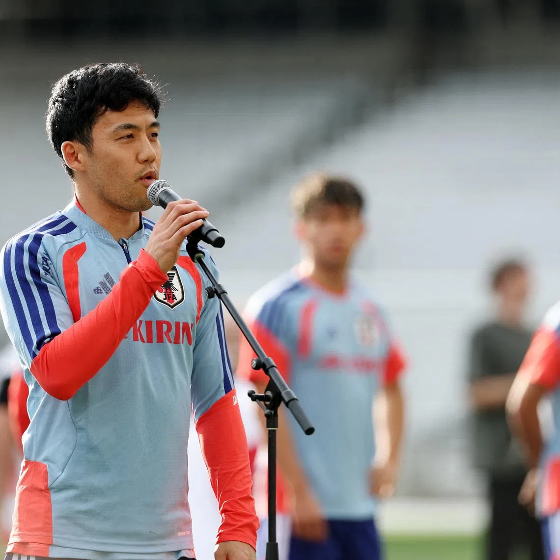 Soccer Football - FIFA World Cup 2026 - Japan Training - Geodis Park, Nashville, Tennessee, U.S. - June 8, 2026 Japan's Wataru Endo makes a speech before training IMAGN IMAGES via Reuters/Alan Poizner
