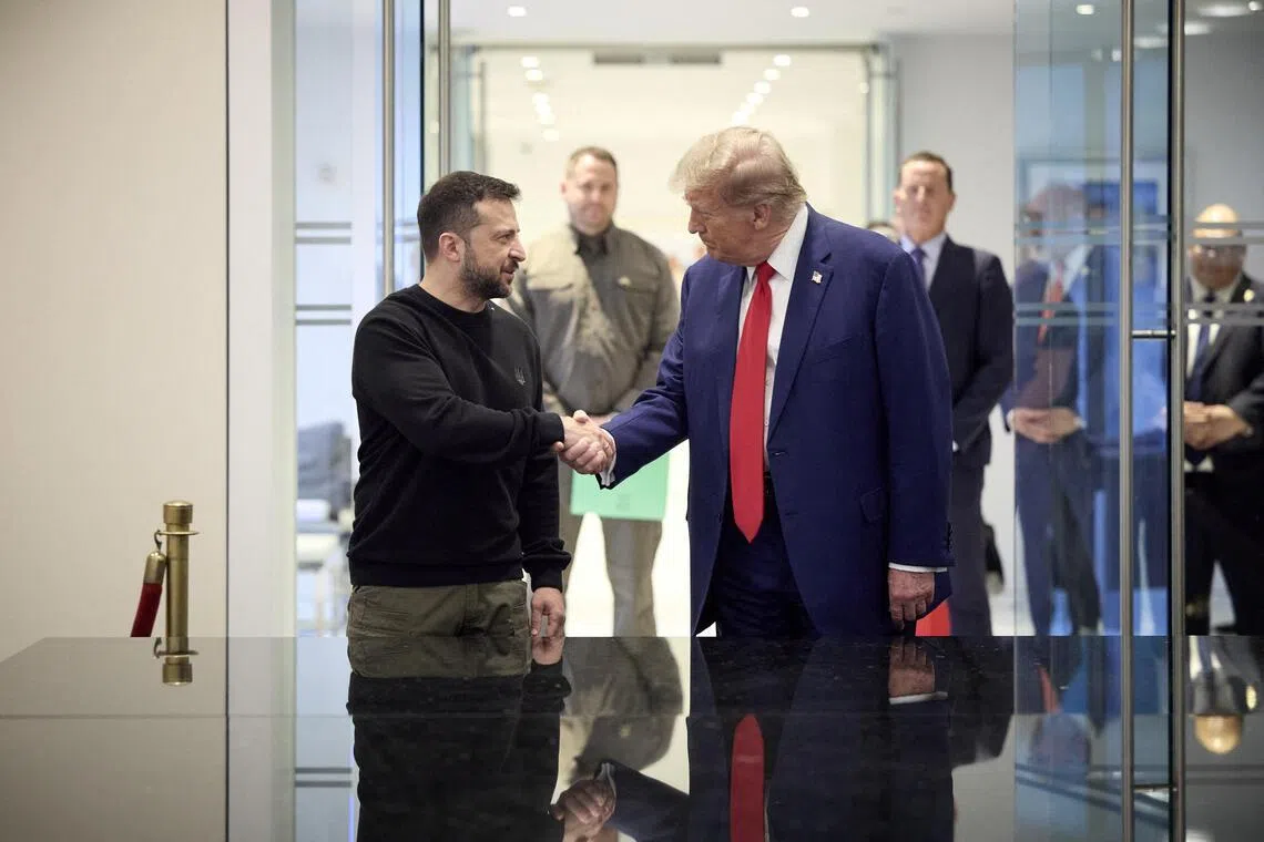 Ukrainian President Volodymyr Zelensky (left) and former US president Donald Trump meeting in New York, on Sept 27.