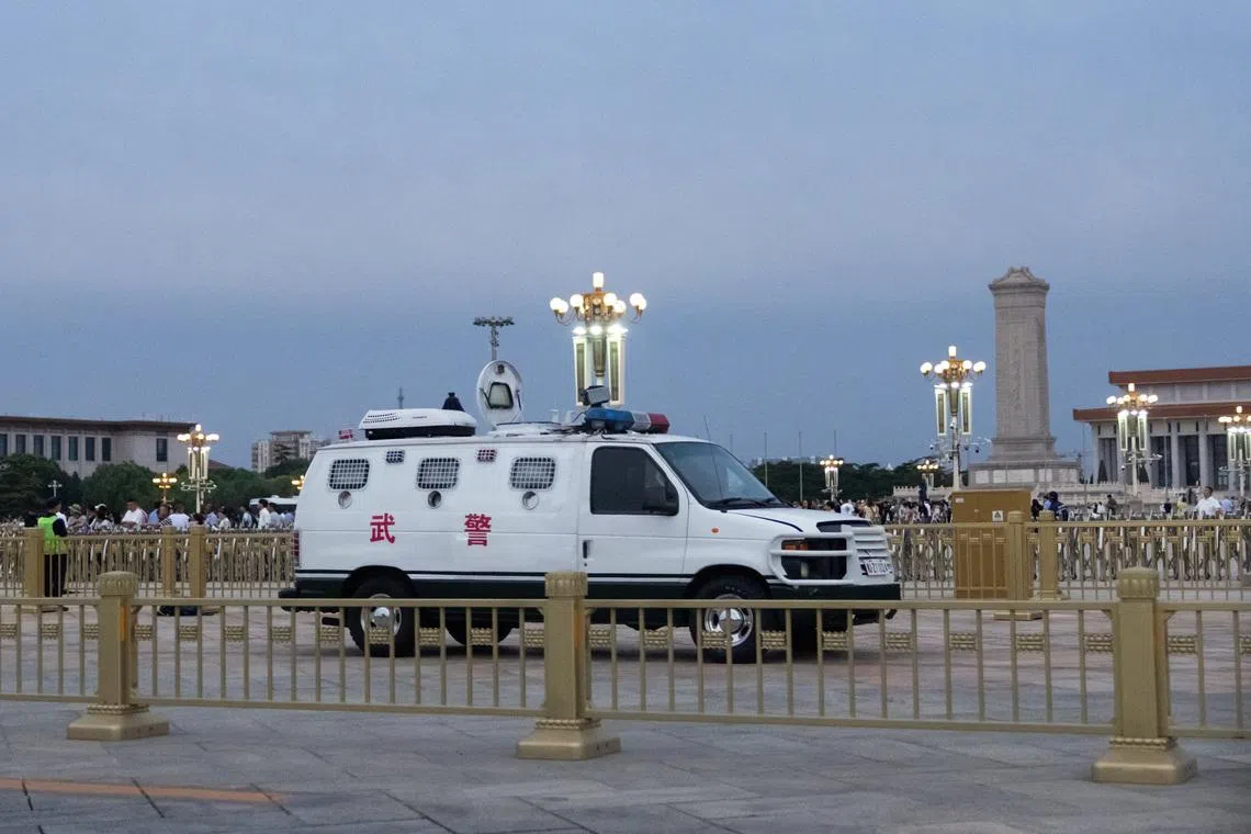 An armoured police car parked in the Tiananmen Square in Beijing on June 3, 2026.