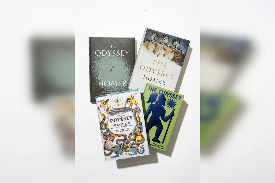 Copies of several translations of Homer’s Odyssey in New York, July 15, 2026. The market for the epic poem is as crowded as a certain Ithacan palace, and publishers have had to get crafty to attract readers to their editions.