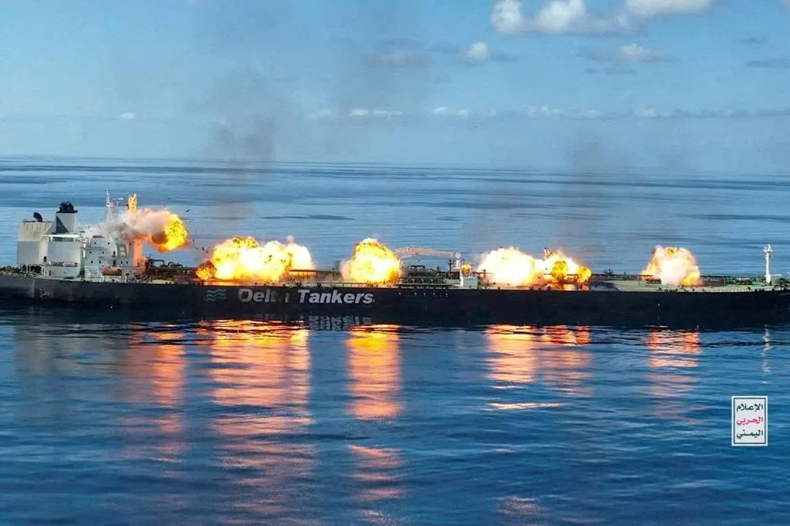 FILE PHOTO: Explosions take place on the deck of the Greek-flagged oil tanker Sounion on the Red Sea, in this handout picture released August 29, 2024. Houthi Military Media/Handout via REUTERS/File photo