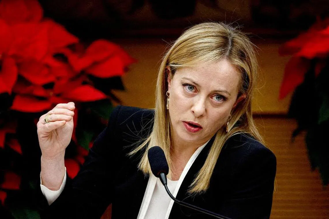 FILE PHOTO: Italian Prime Minister Giorgia Meloni holds her end-of-year news conference in Rome, Italy, December 29, 2022. REUTERS/Guglielmo Mangiapane/File Photo