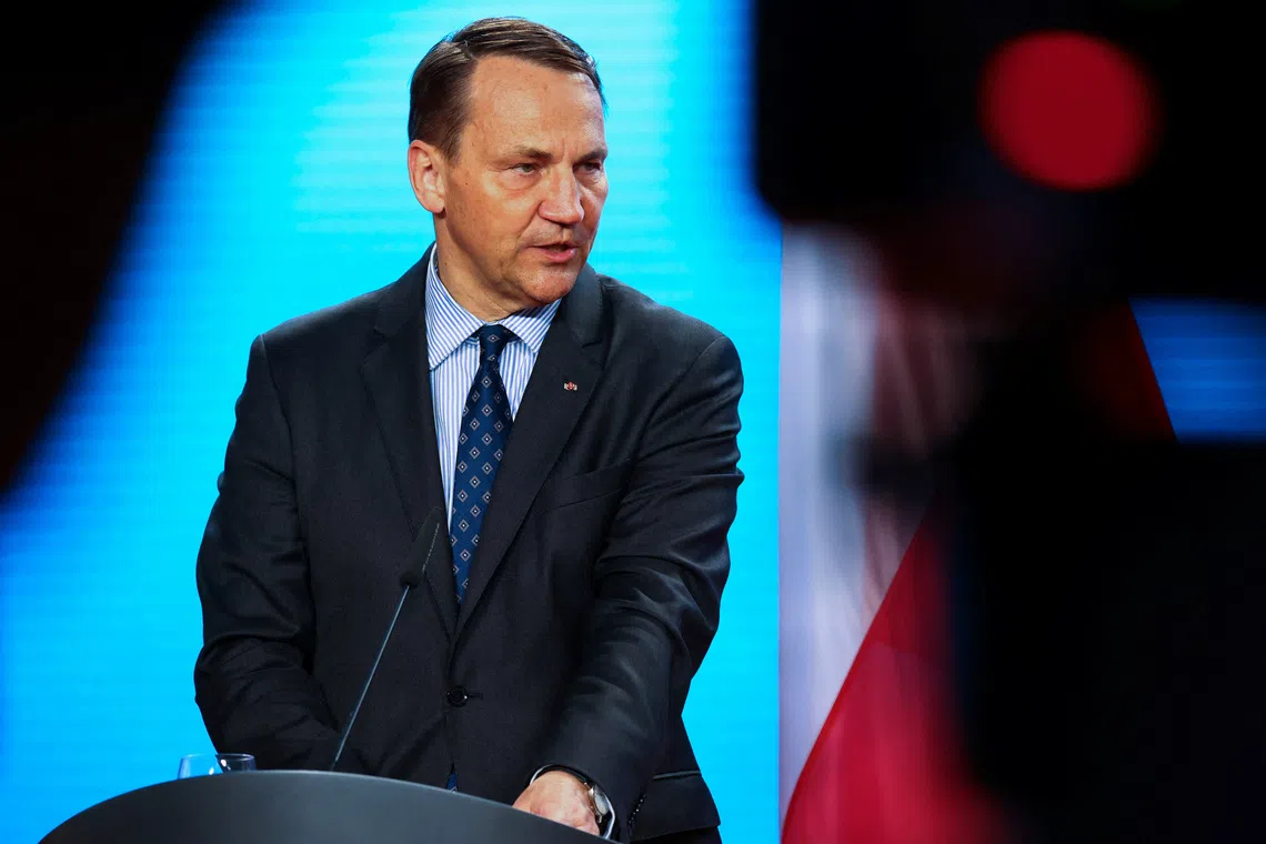 FILE PHOTO: Polish Foreign Minister Radoslaw Sikorski speaks during a press conference with German Foreign Minister Johann Wadephul (not pictured) as they meet in Berlin, Germany, June 4, 2025. REUTERS/Nadja Wohlleben/File Photo