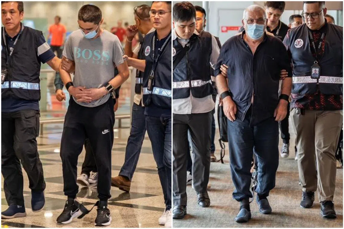 Georgians Abralava Irakli (left) and Darsania Tamazi allegedly used sleight of hand to steal more than $130,000 from a money change at Little India Arcade.