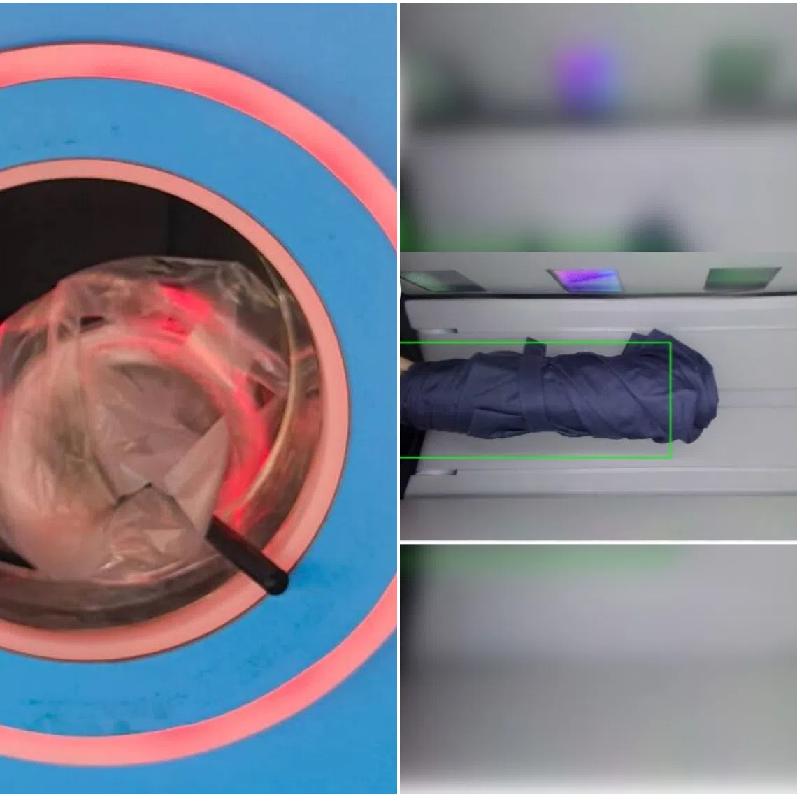 A plastic cup (left) jammed the opening of a reverse vending machine. Other inappropriate items found in some machines islandwide include an umbrella (right) and an electronics charging case.