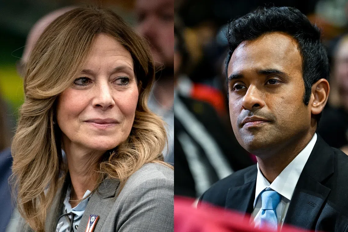 Candidates for the governorship of Ohio Amy Acton (left), a Democrat, and Republican Vivek Ramaswamy. Ramaswamy is under fire for using Acton’s mother in an attack ad for the electoral race.