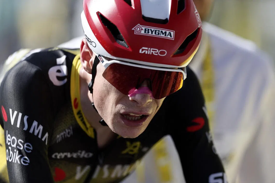 Cycling - Tour de France - Stage 12 - Auch to Hautacam - Hautacam, France - July 17, 2025 Team Visma | Lease a Bike's Jonas Vingegaard after crossing the finish line in second place on stage 12 REUTERS/Benoit Tessier