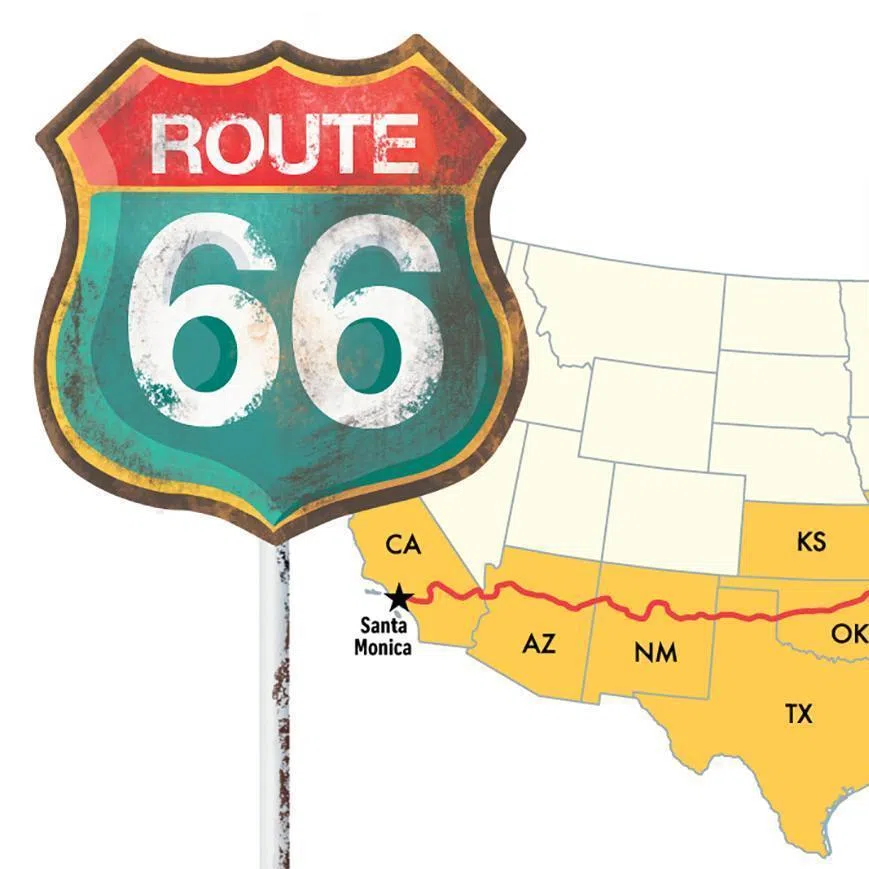 Route 66 is an iconic highway running from Chicago to Santa Monica, passing through Illinois, Missouri, Kansas, Oklahoma, Texas, New Mexico, Arizona and California. 