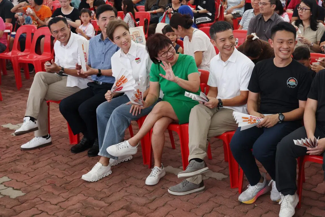 (From left) Jalan Besar GRC MPs Wan Rizal, Heng Chee How, Minister Josephine Teo, Denise Phua, and potential candidates Mr Shawn Loh and Mr David Hoe, at the launch of the masterplan in Boon Keng on April 6.