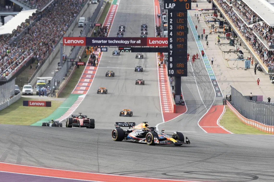 Red Bull's Max Verstappen leads the pack at the start of the Sprint race in Austin, Texas, in 2023.