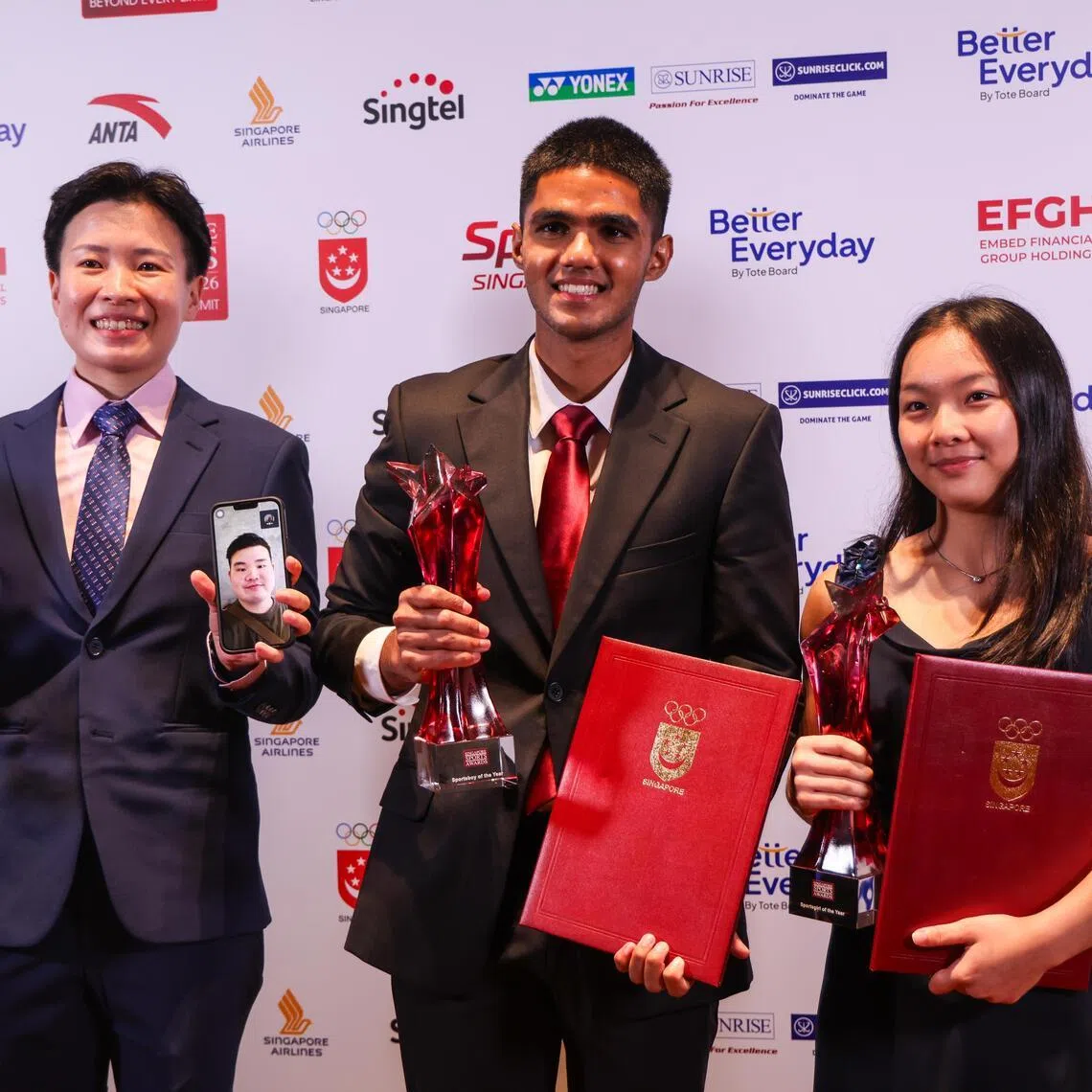 (From left) Sportswoman of the Year New Hui Fen, Sportsboy Siddharth Jagadeesh and Sportsgirl Amanda Yap at the Singapore Sports Awards on July 3.