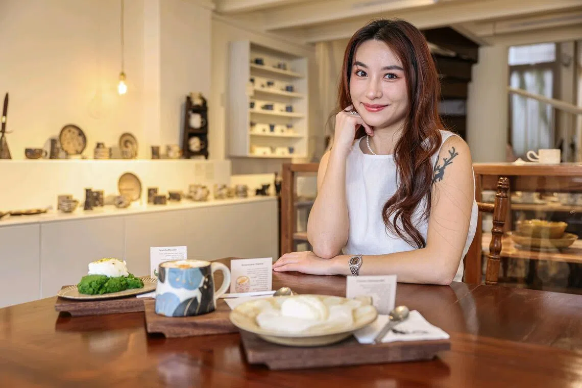 Mozmoji founder Olivia Zhang, 30, with a Matcha Mousse, Americano Vienna and Cotton Cheesecake.