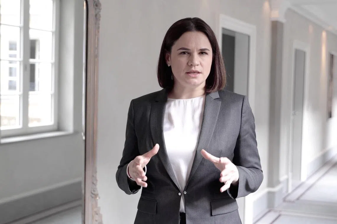 FILE PHOTO: Belarusian opposition leader Sviatlana Tsikhanouskaya makes a statement in a video message on social media, following the death of Russian opposition leader Alexei Navalny, on the day it was announced that he is dead, by the prison service of the Yamalo-Nenets region where he had been serving his sentence, in Munich, Germany, February 16, 2024, in this screengrab obtained from a social media video. Sviatlana Tsikhanouskaya/via REUTERS/File Photo