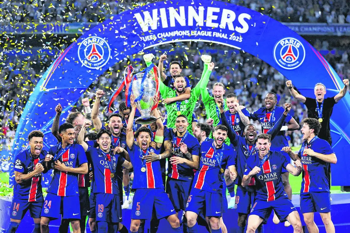 Paris St Germain players celebrating after winning the Champions League in May 2025.