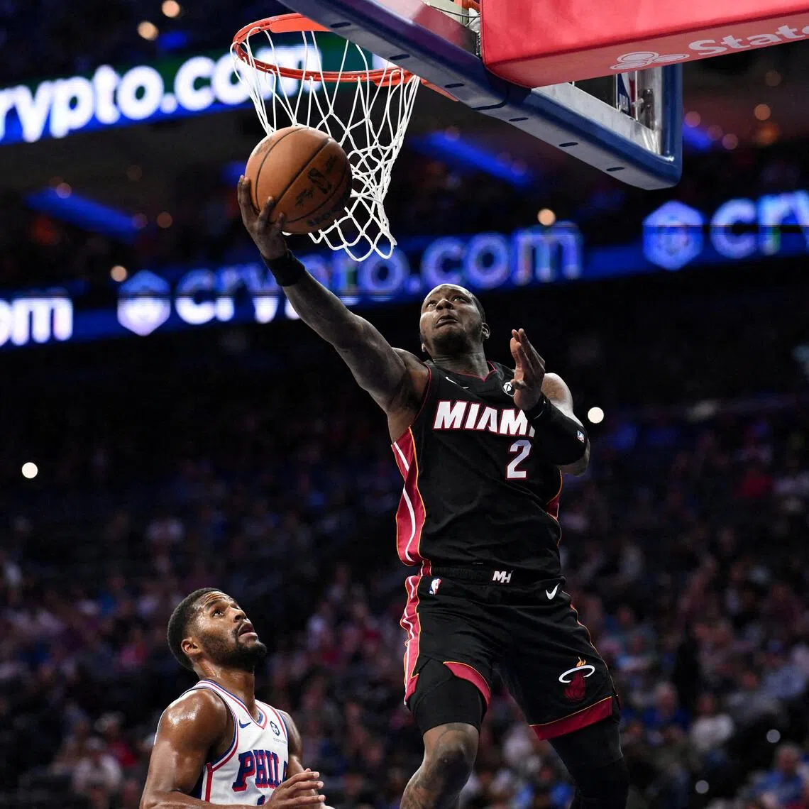 Miami Heat guard Terry Rozier drives to shoot against the Philadelphia 76ers at Wells Fargo Center last season.