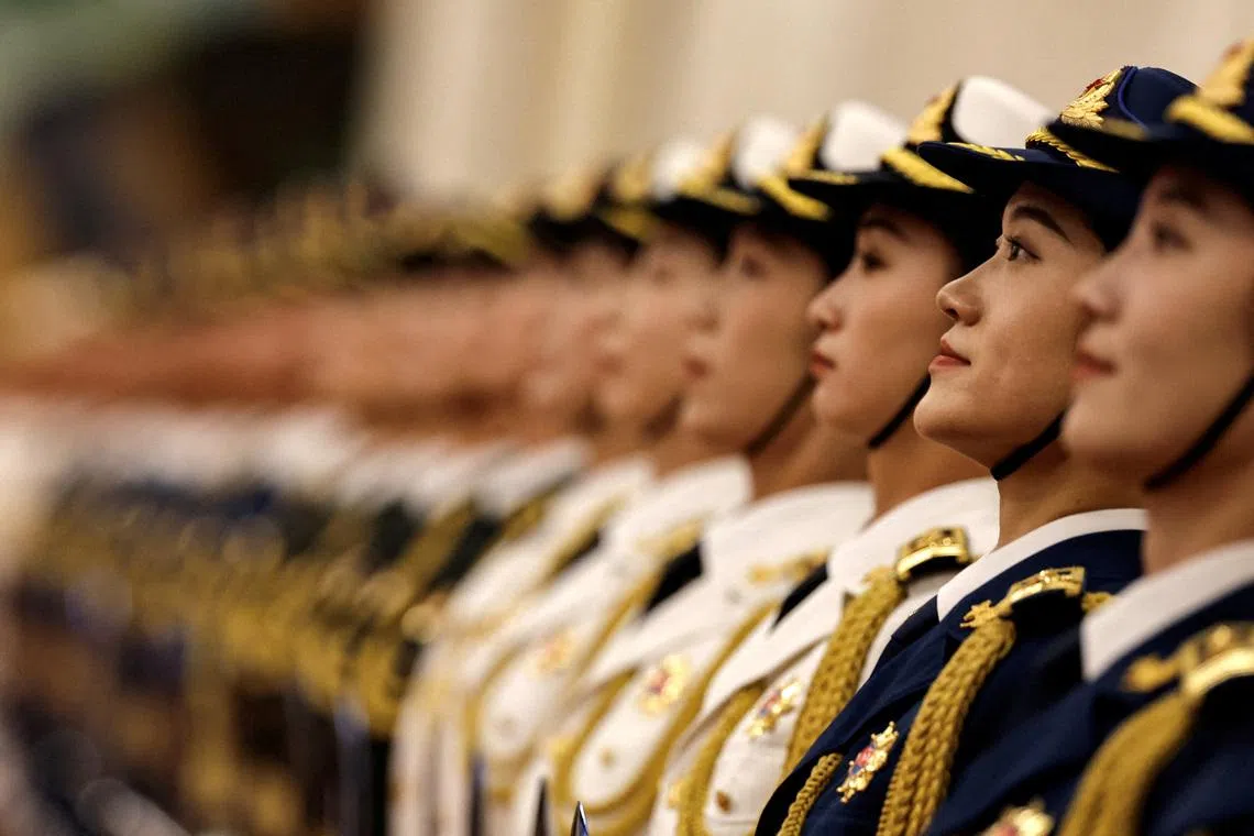 Members of the honour guard standing in attention after a welcoming ceremony hosted by Chinese President Xi Jinping and his wife Peng Liyuan for Serbian President Aleksandar Vucic and his wife Tamara Vucic, at the Great Hall of the People, in Beijing, China on May 25, 2026.