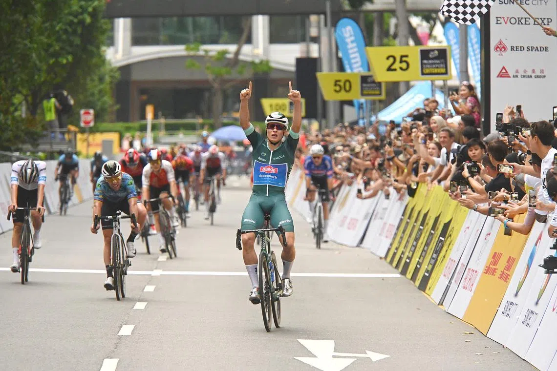 Jasper Philipsen won the Tour de France Singapore Criterium after a chaotic sprint finish.
