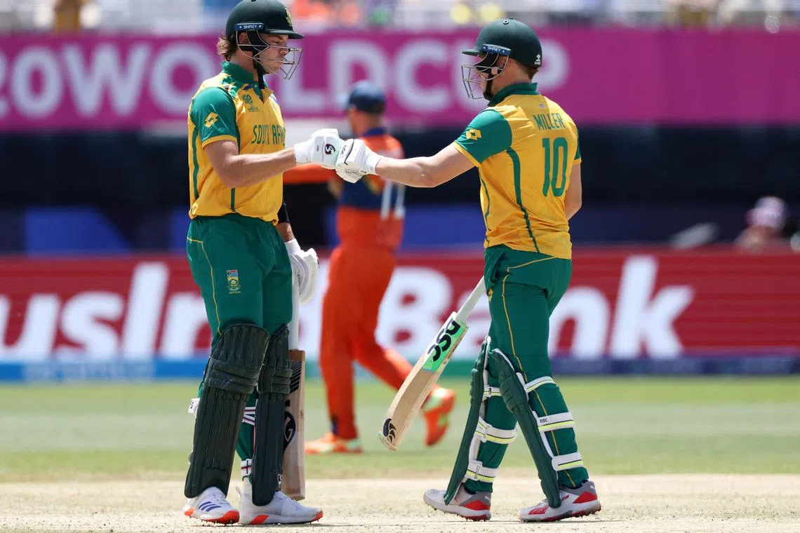 FILE PHOTO: Cricket - ICC T20 World Cup 2024 - Group D - Netherlands v South Africa - Nassau County International Cricket Stadium, New York, United States - June 8, 2024 South Africa's David Miller and Tristan Stubbs during the match REUTERS/Andrew Kelly/File Photo
