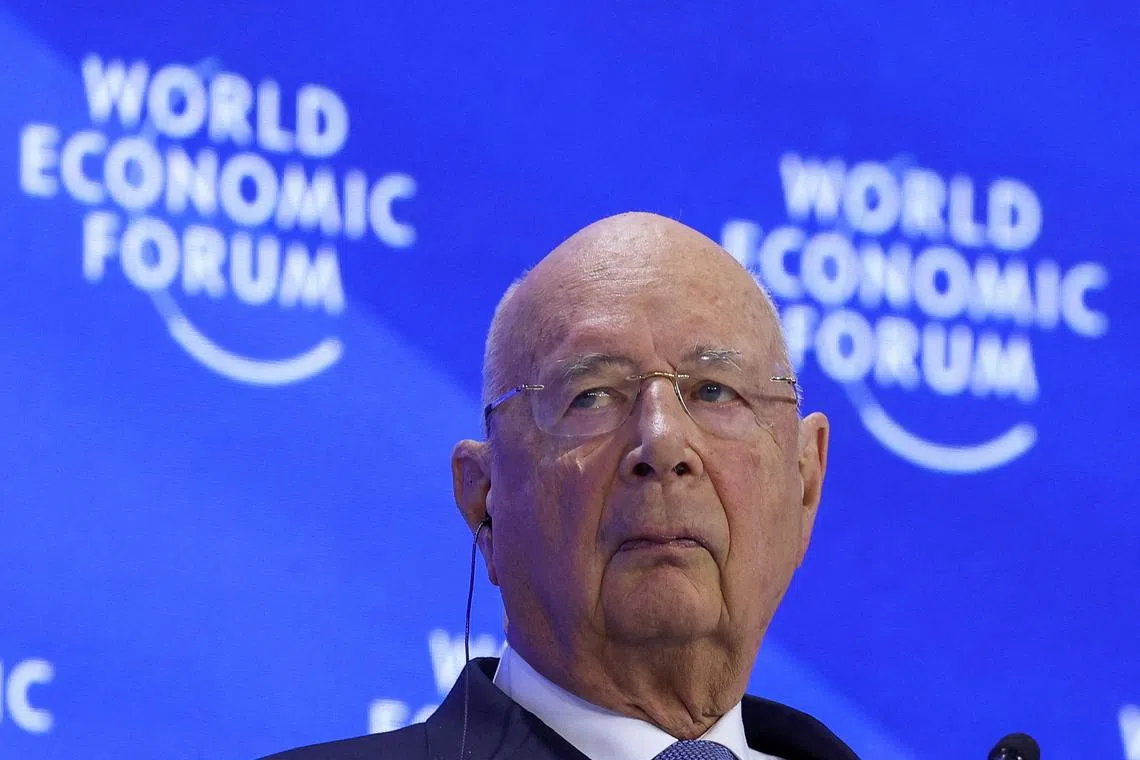 FILE PHOTO: World Economic Forum (WEF) Founder and Chairman Klaus Schwab gives his welcoming remarks at the 55th annual World Economic Forum (WEF) meeting in Davos, Switzerland, January 21, 2025. REUTERS/Yves Herman/File Photo