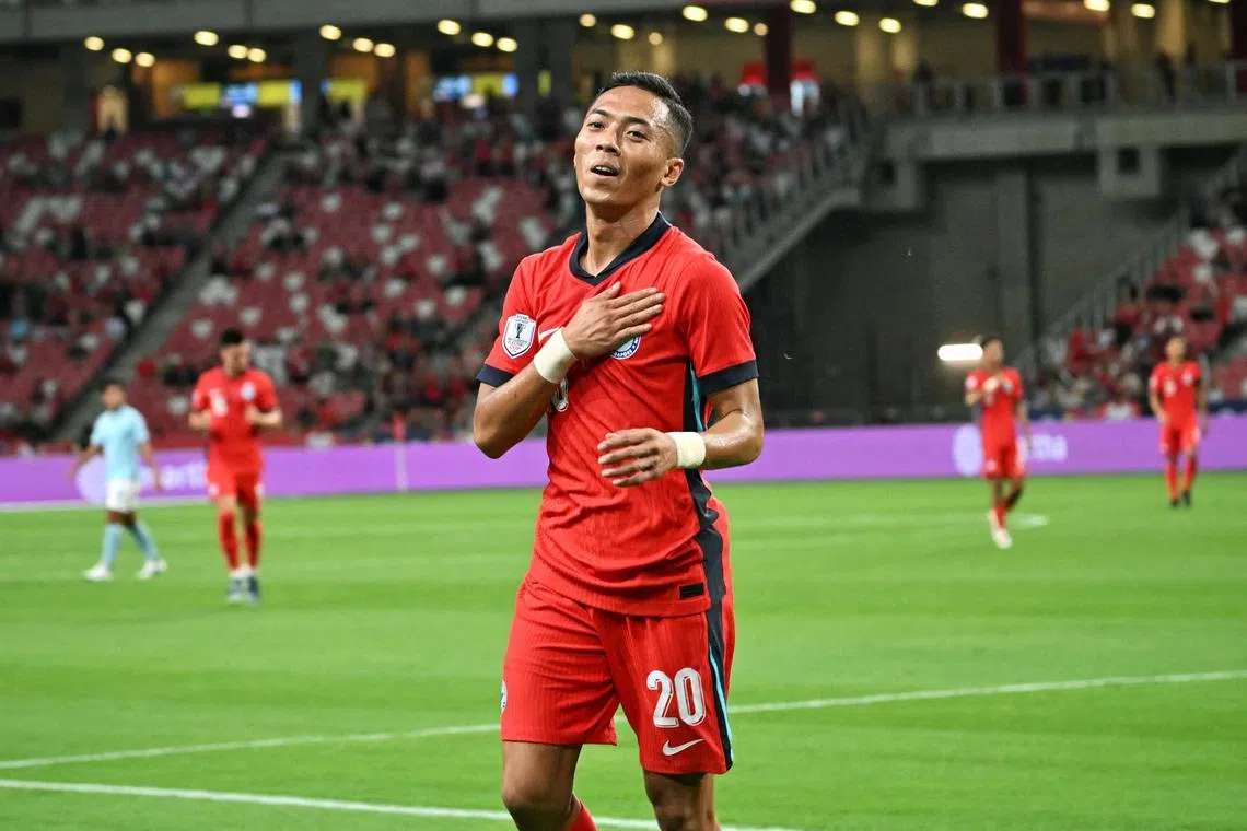 Shawal Anuar celebrating after scoring the second goal for Singapore against Cambodia during the AFF Championship Group A match at National Stadium on Dec 11, 2024.