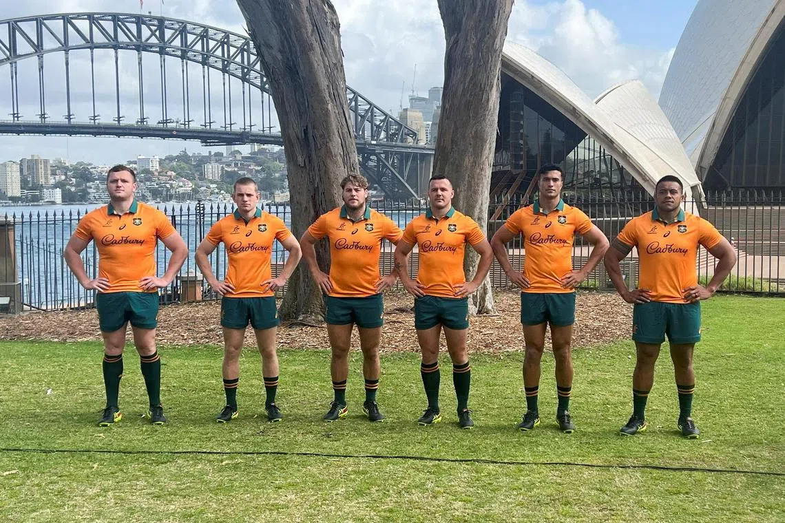 Wallabies' Angus Bell, Max Jorgensen, Fraser McReight, Dylan Pietsch, Joseph Suaalii and Allan Alaalatoa pose in the Australian jersey for the 2025 British and Irish Lions tour to Australia.