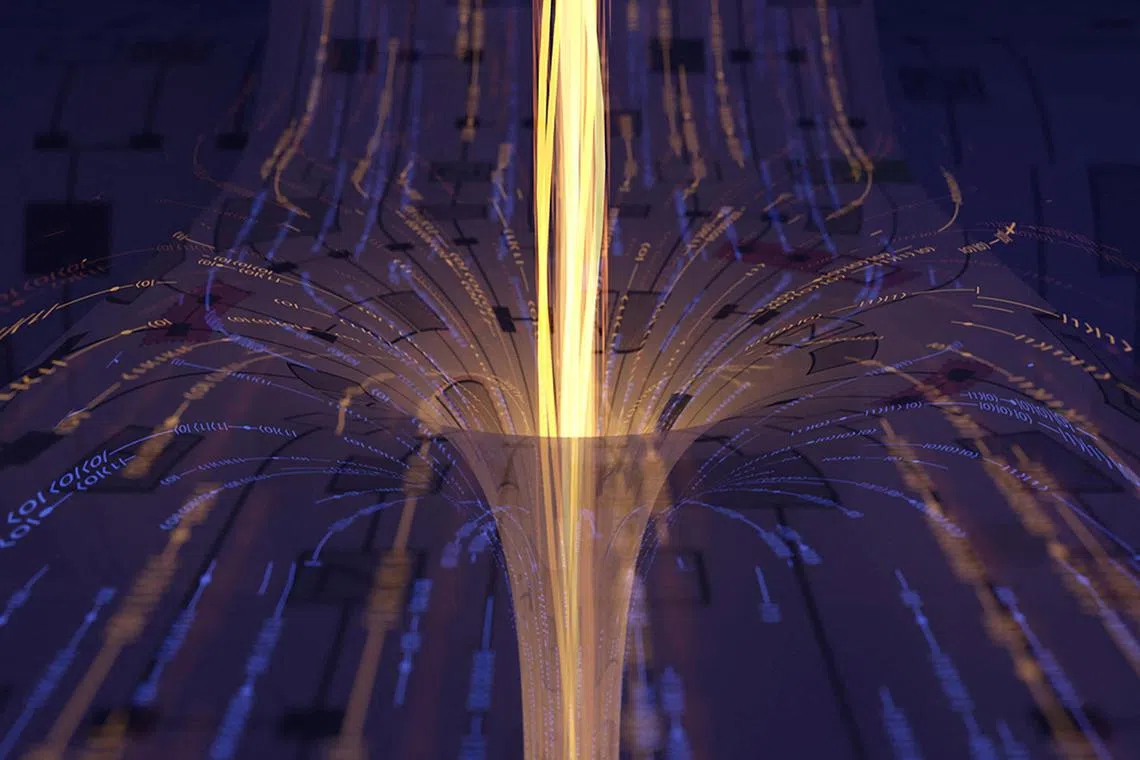An undated artwork provided by the California Institute of Technology depicts a quantum experiment that observes traversable wormhole behaviour.