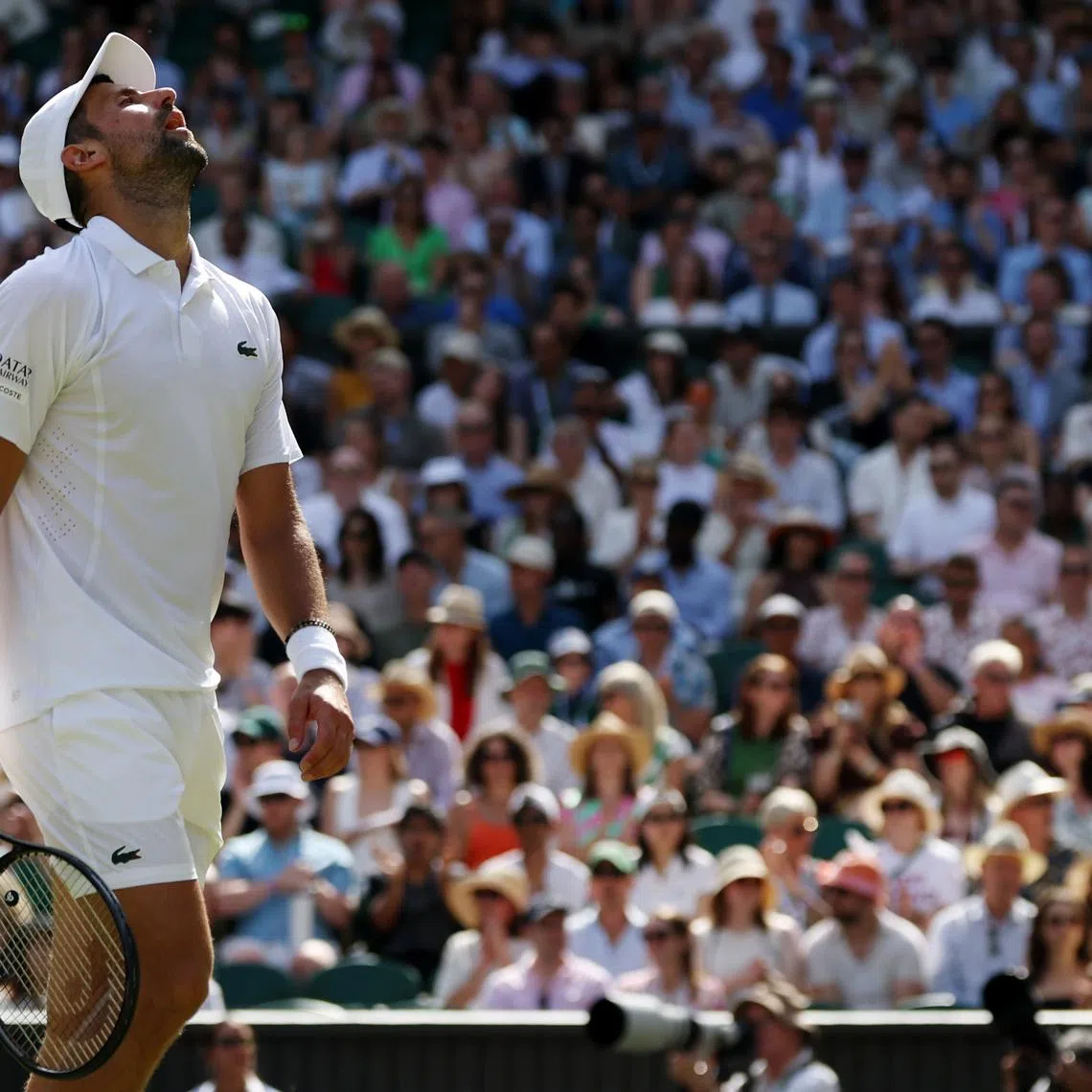 Jul 5, 2026; London, United Kingdom; Novak Djokovic (SRB) reacts after missing a shot against Roman Safiullin (not pictured) on day seven of The Championships Wimbledon 2026 at All England Lawn Tennis and Croquet Club. Mandatory Credit: Geoff Burke-Imagn Images