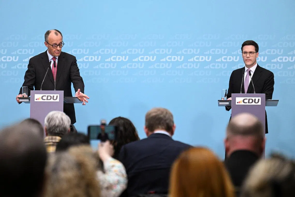 German Chancellor and Christian Democratic Union (CDU) party leader Friedrich Merz and CDU top candidate for the Baden-Wuerttemberg state election, Manuel Hagel, attend a press conference after the Baden-Wuerttemberg state election, in Berlin, Germany, March 9, 2026. REUTERS/Annegret Hilse