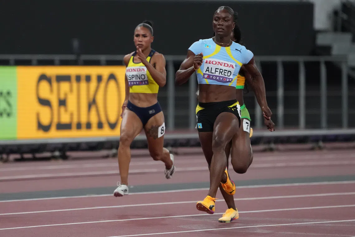 Sep 13, 2025; Tokyo, Japan; Julien Alfred (LCA) runs a qualifying heat for the women’s 100 meter dash during the World Athletics Championships at National Stadium. Mandatory Credit: Kirby Lee-Imagn Images/File Photo