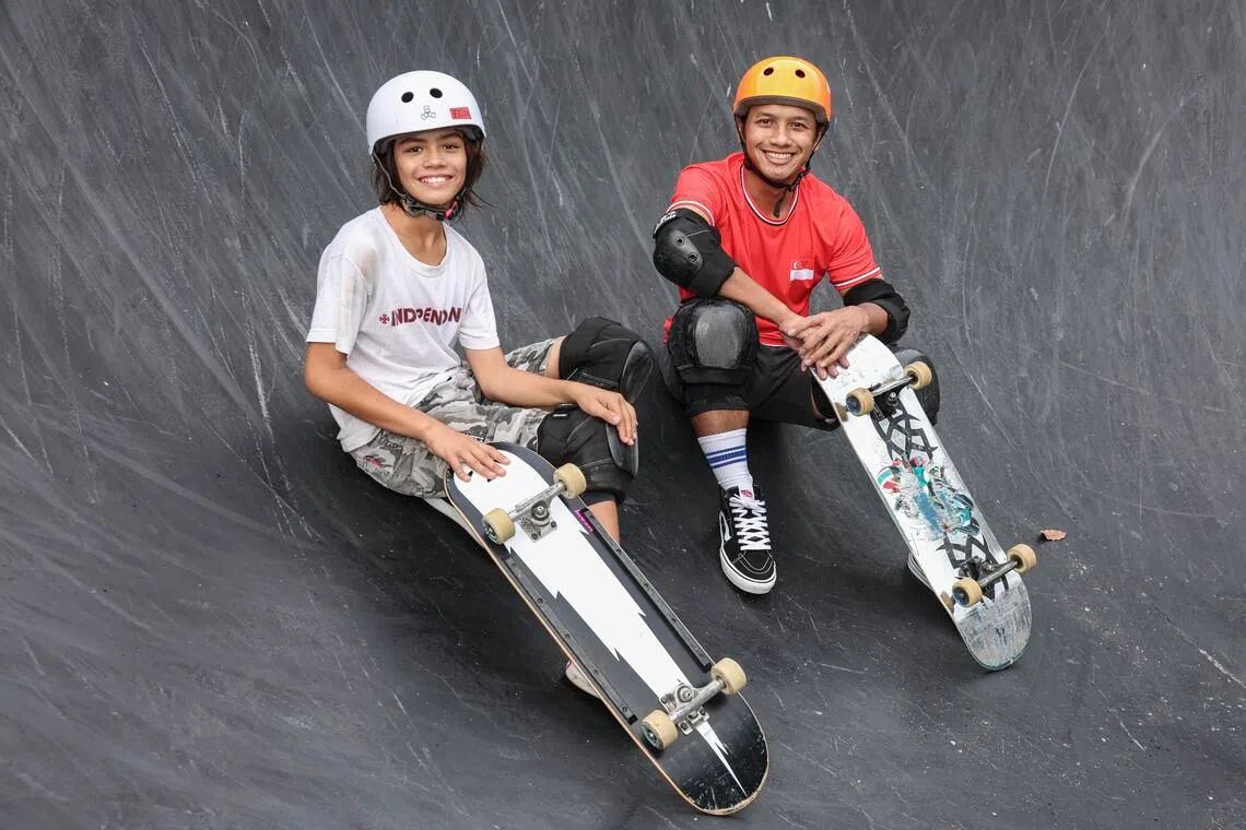ST20251202_202566000623/jcskate02/Brian Teo/Joel Chang/(From Left)Profile of national skateboarders Felix Balzer, 11, and Farris Rahman, 31, at SkatePark @ Lakeside Garden on Dec 2, 2025.  ST PHOTO: BRIAN TEO 